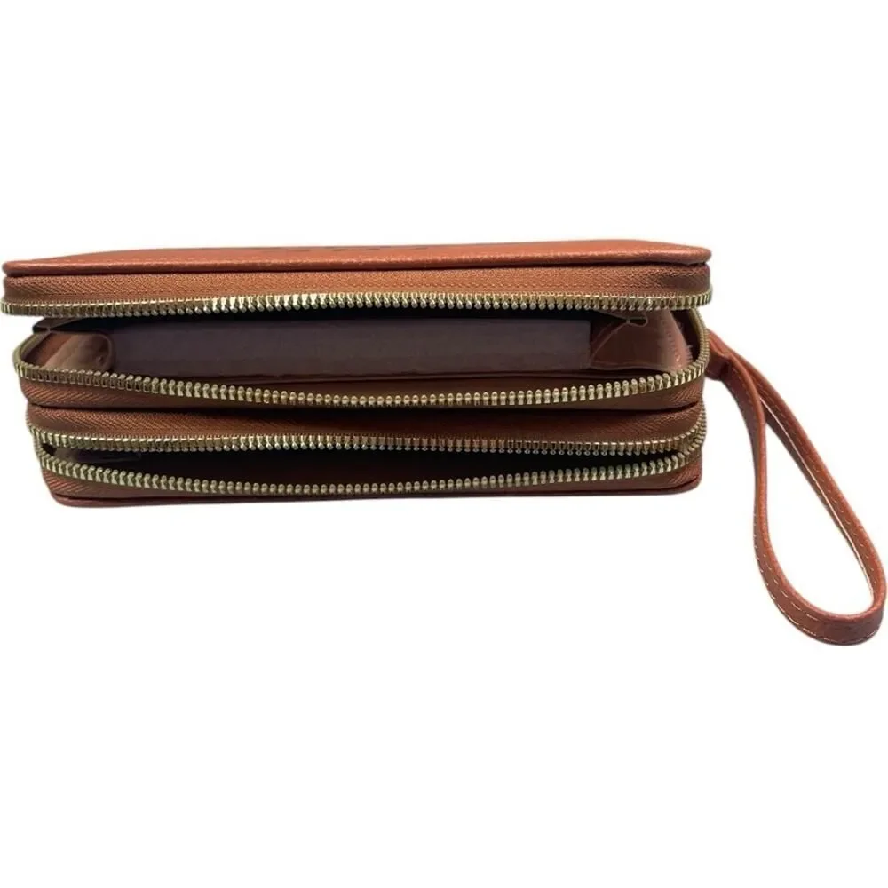 Brown Designer Inspired Lettering Double Zipper Wristlet Wallet